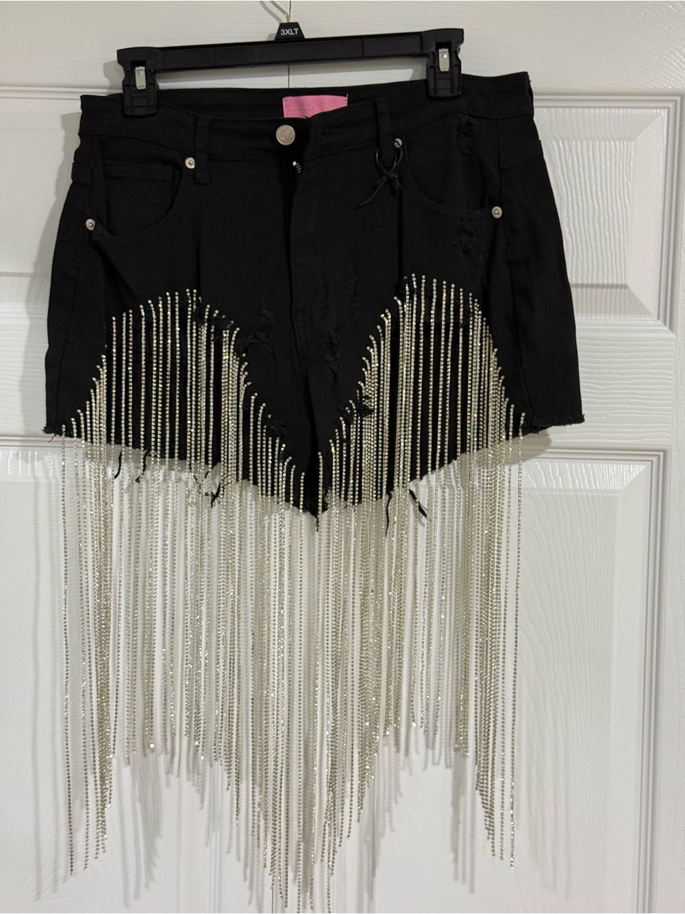 Black Embellished Jean Shorts with Silver Fringe